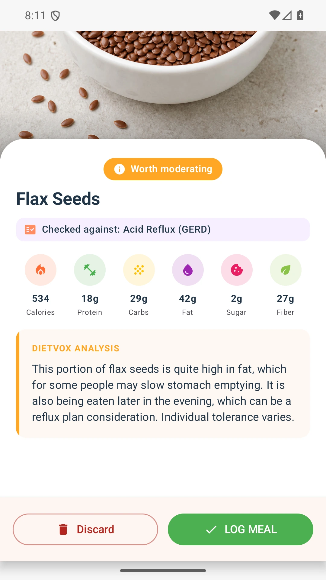 DietVox acid reflux analysis for Flax Seeds with the verified rating explanation