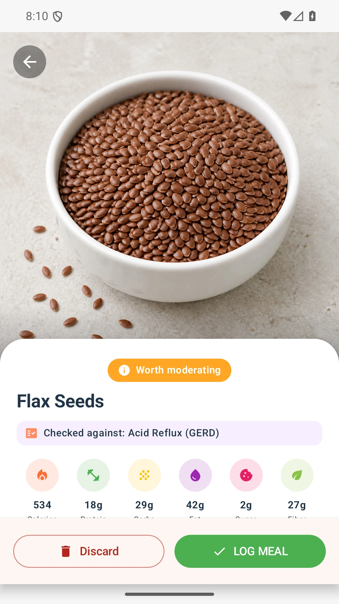 DietVox Flax Seeds scan showing an AMBER acid reflux rating