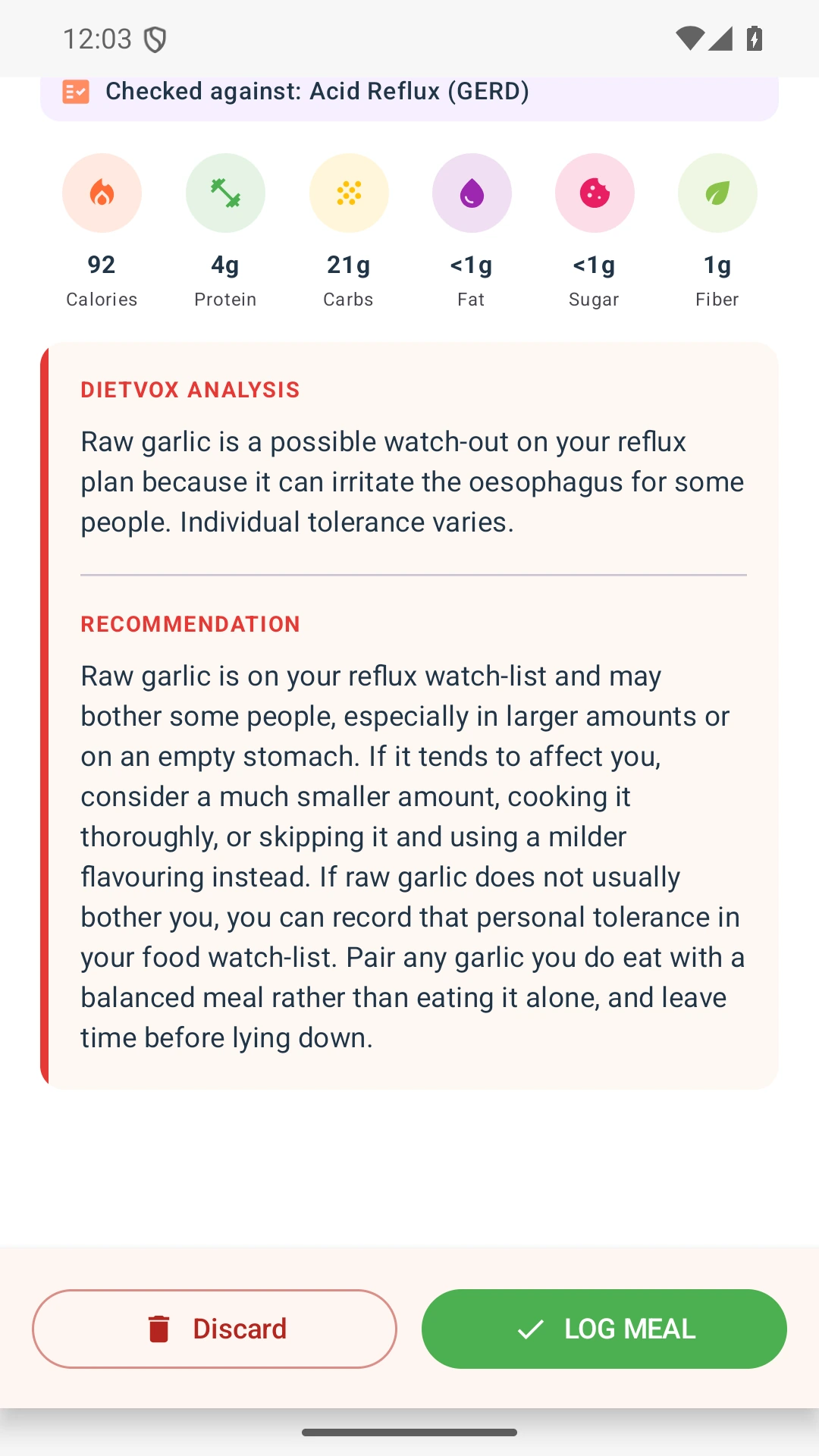DietVox acid reflux analysis for Garlic with the verified rating explanation