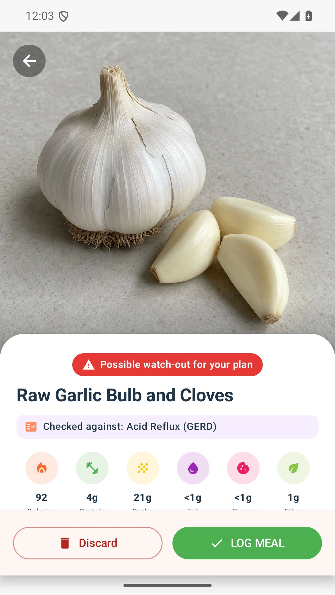 DietVox Garlic scan showing a RED acid reflux rating