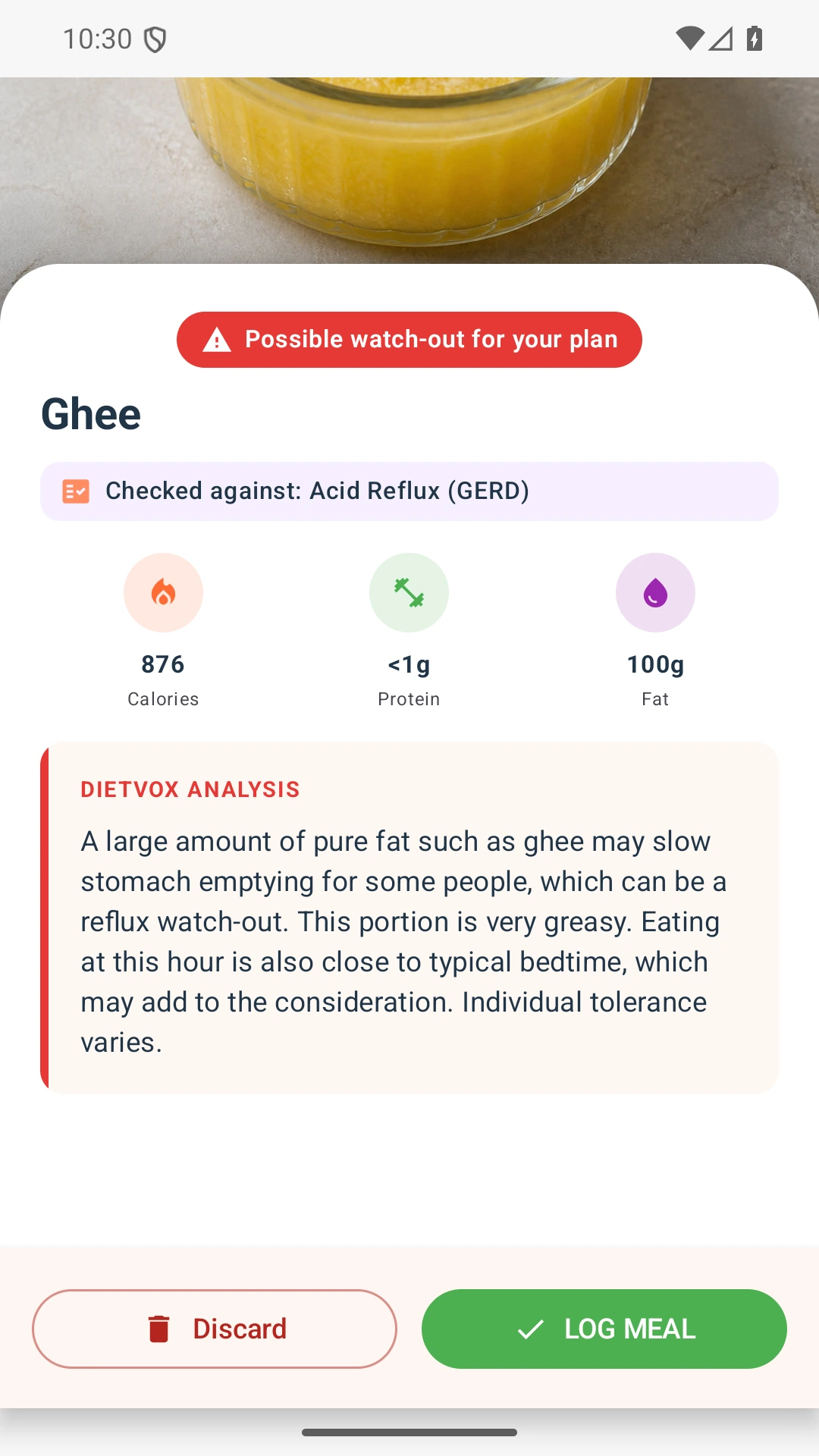 DietVox acid reflux analysis for Ghee with the verified rating explanation