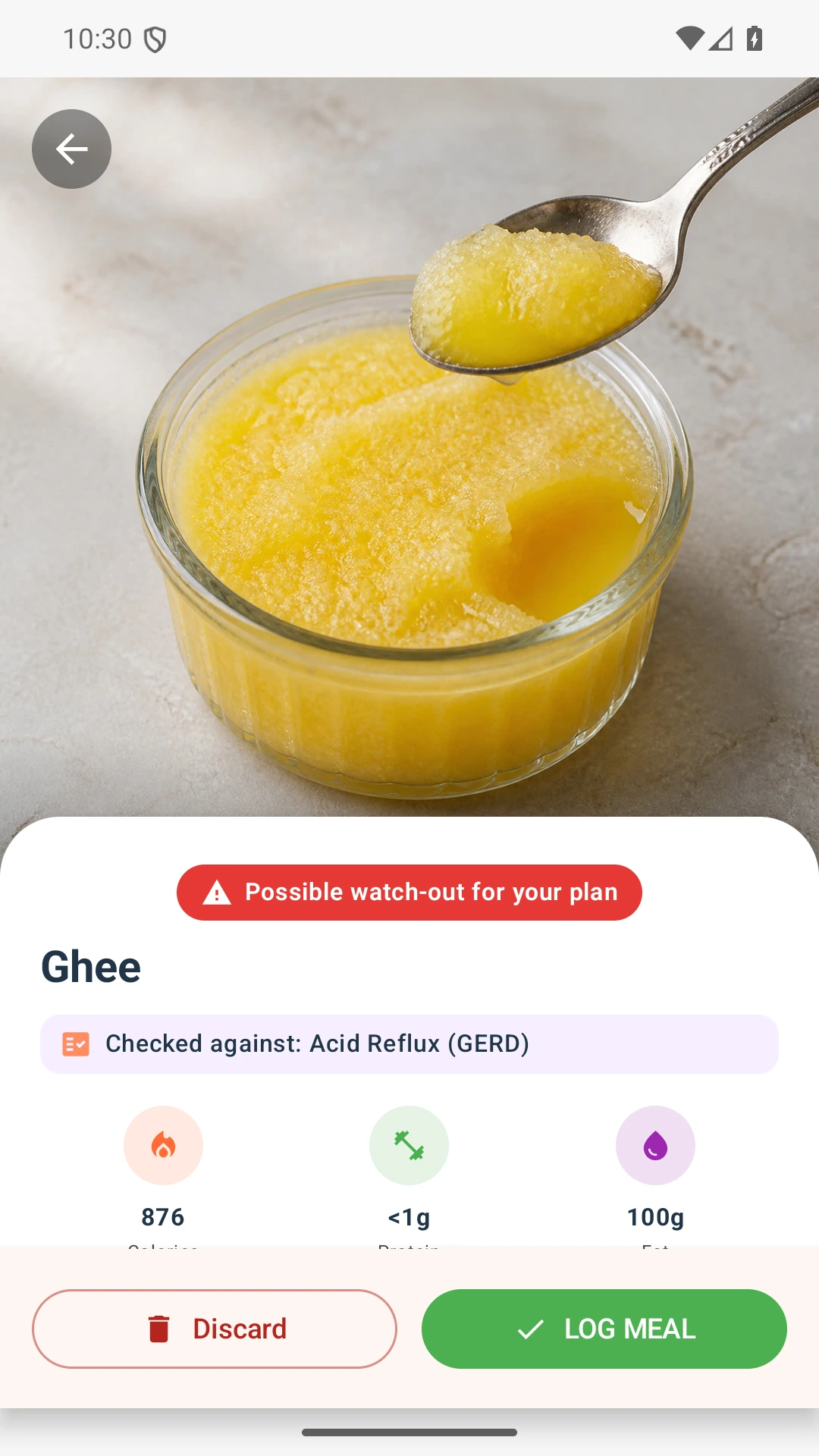 DietVox Ghee scan showing a RED acid reflux rating