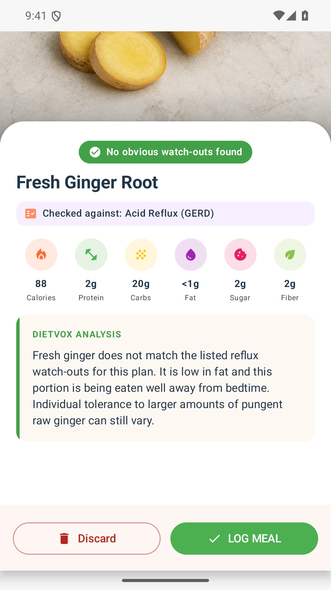 DietVox acid reflux analysis for Ginger with the verified rating explanation