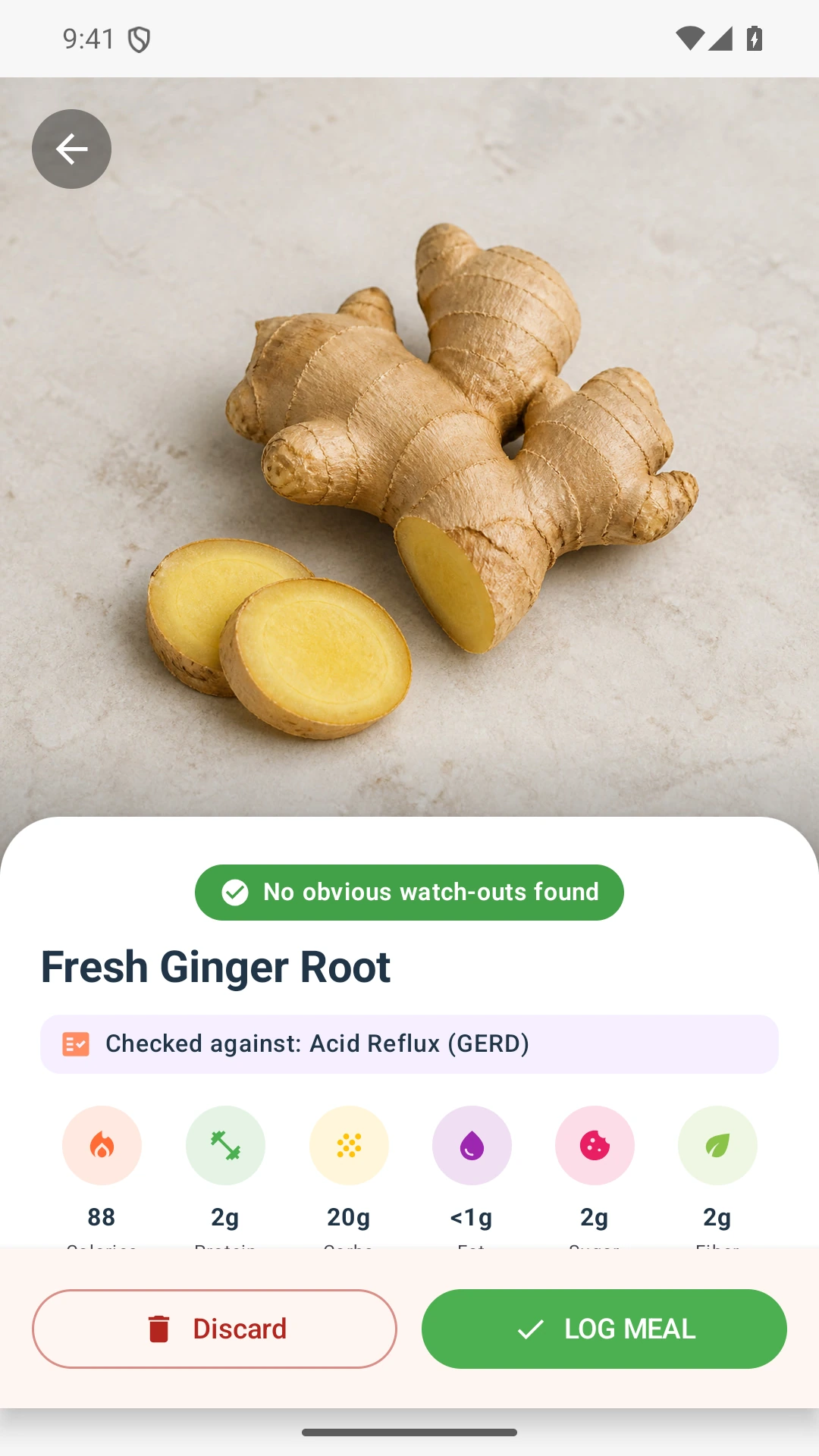 DietVox Ginger scan showing a GREEN acid reflux rating