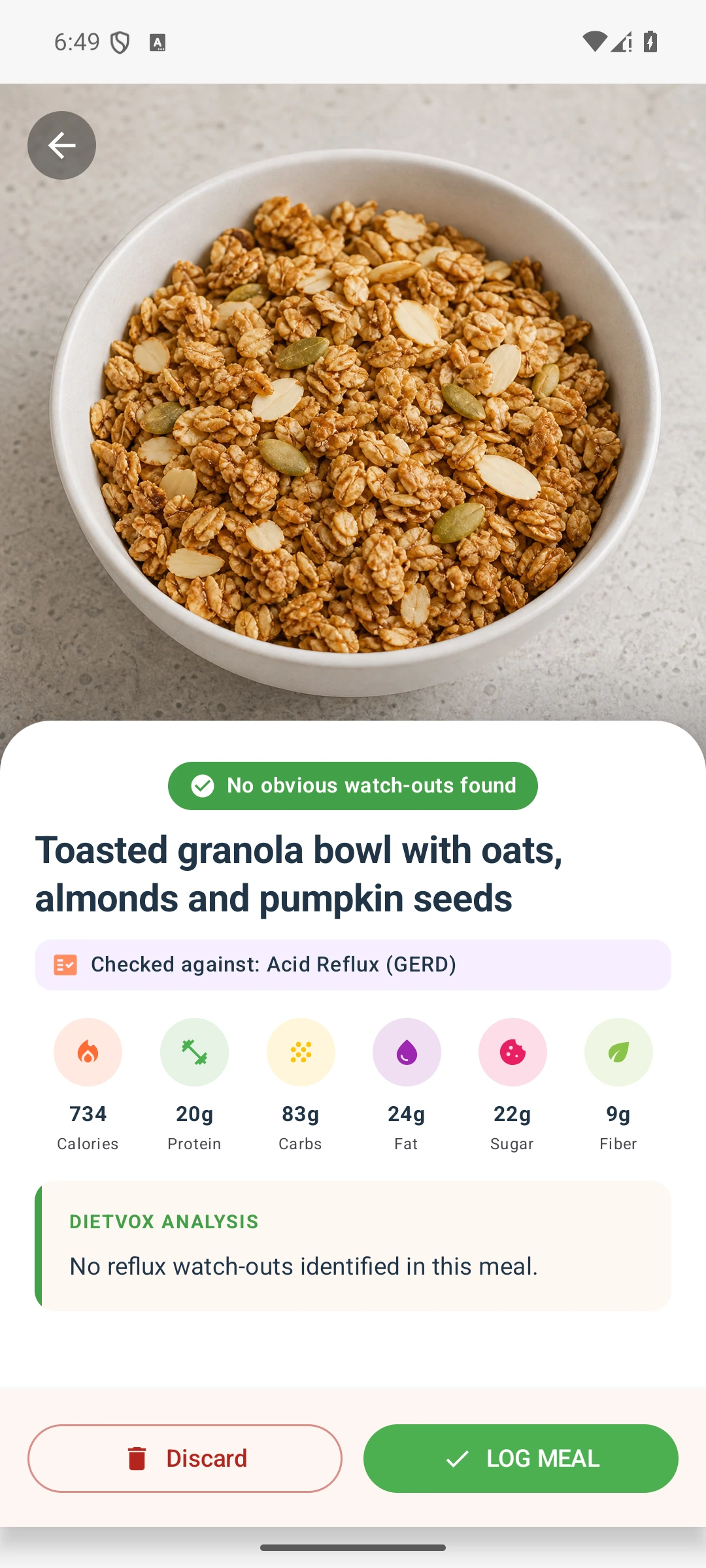 DietVox acid reflux analysis for Granola with the verified rating explanation