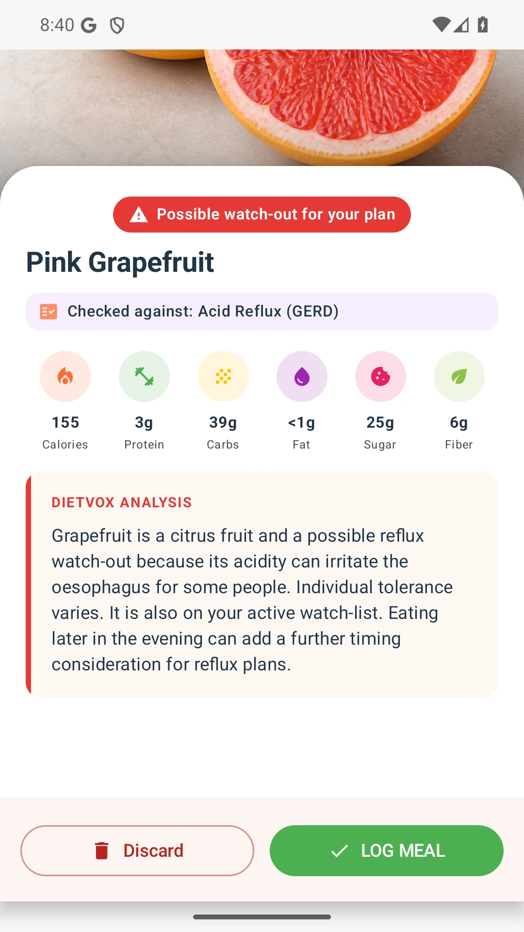 DietVox acid reflux analysis for Grapefruit with the verified rating explanation