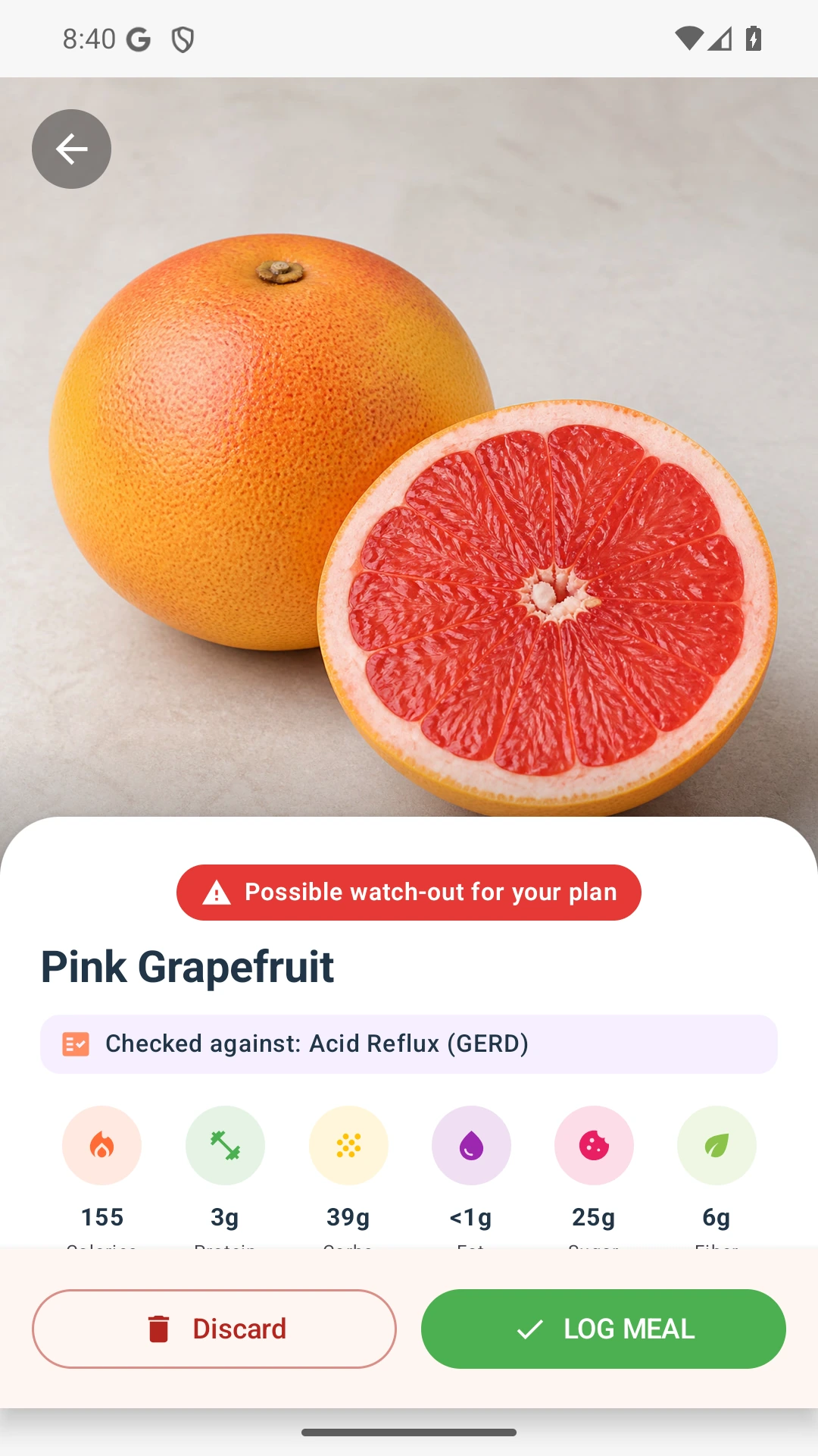 DietVox Grapefruit scan showing a RED acid reflux rating