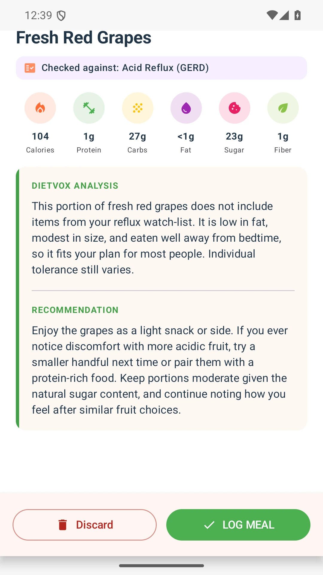 DietVox acid reflux analysis for Grapes with the verified rating explanation
