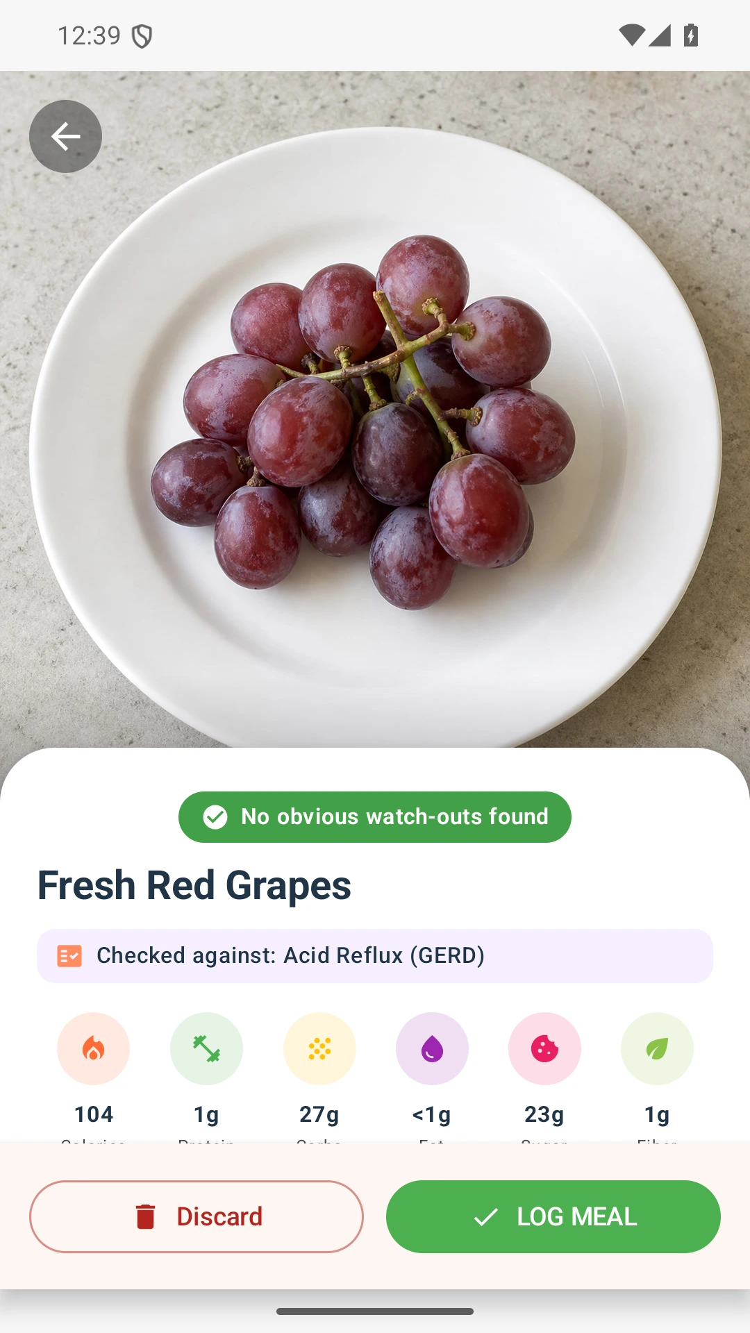 DietVox Grapes scan showing a GREEN acid reflux rating