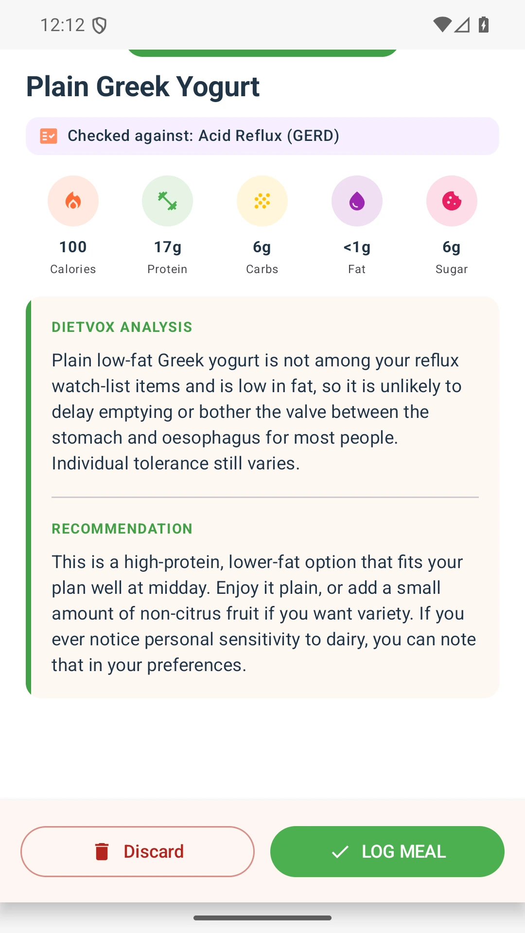 DietVox acid reflux analysis for Greek Yogurt with the verified rating explanation