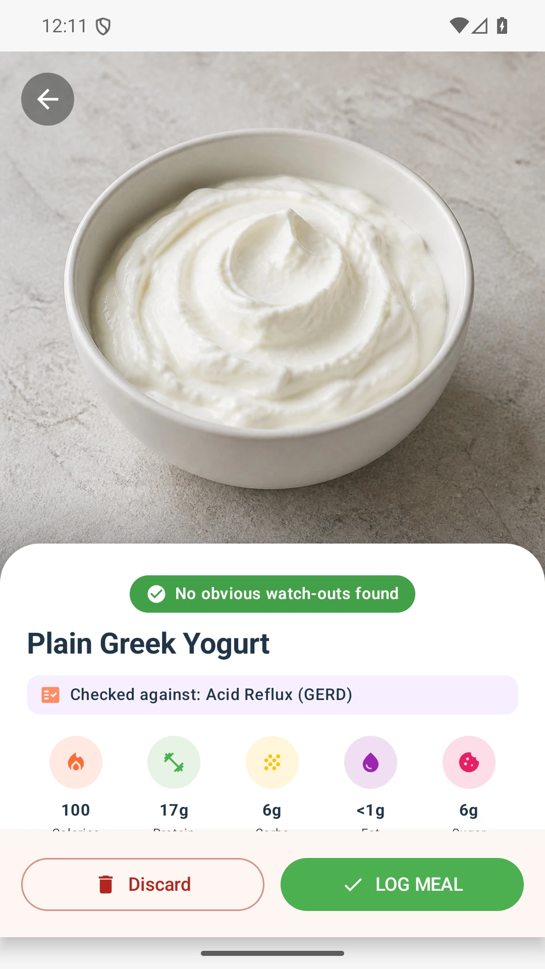 DietVox Greek Yogurt scan showing a GREEN acid reflux rating