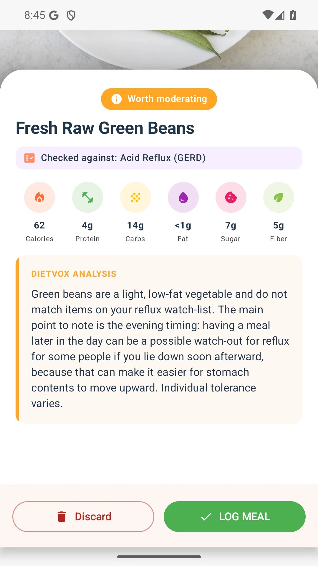 DietVox acid reflux analysis for Green Beans with the verified rating explanation