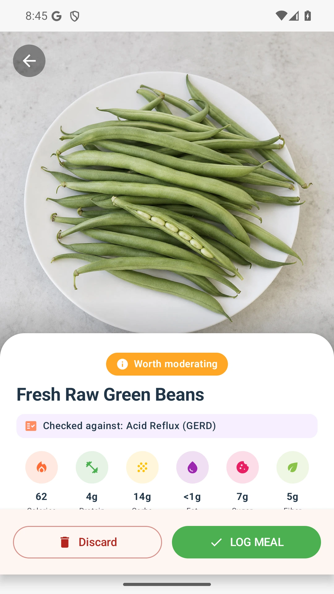 DietVox Green Beans scan showing an AMBER acid reflux rating