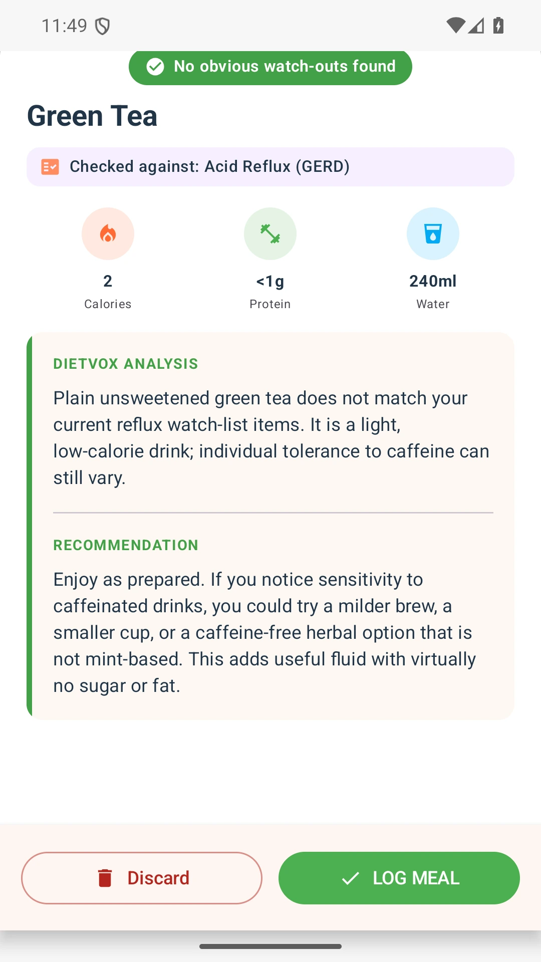 DietVox acid reflux analysis for Green Tea with the verified rating explanation