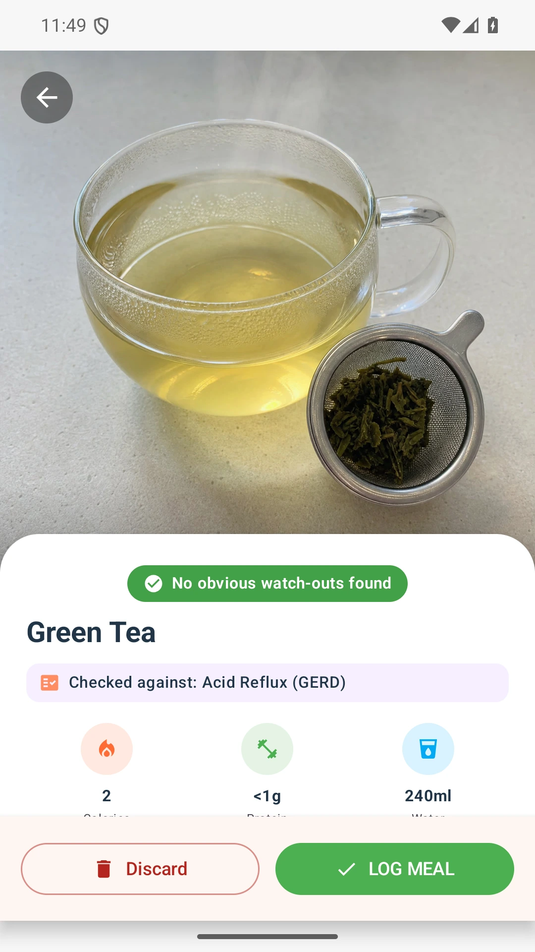 DietVox Green Tea scan showing a GREEN acid reflux rating