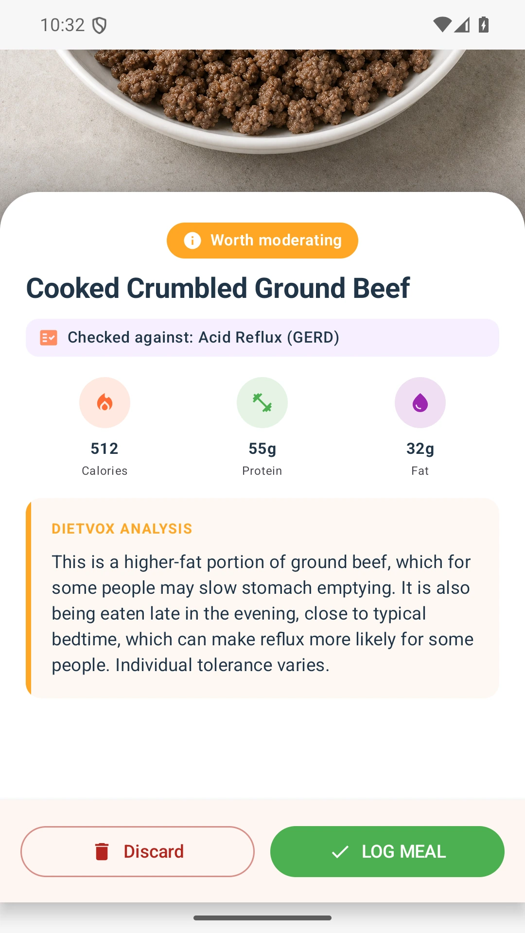 DietVox acid reflux analysis for Ground Beef with the verified rating explanation