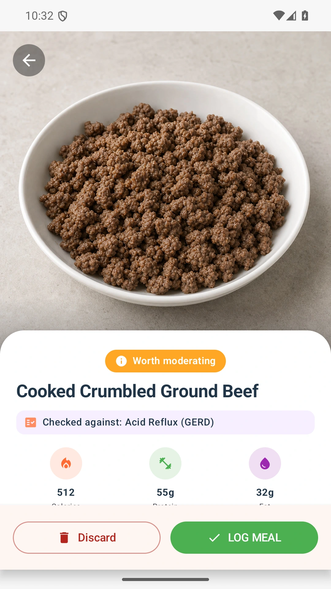 DietVox Ground Beef scan showing an AMBER acid reflux rating
