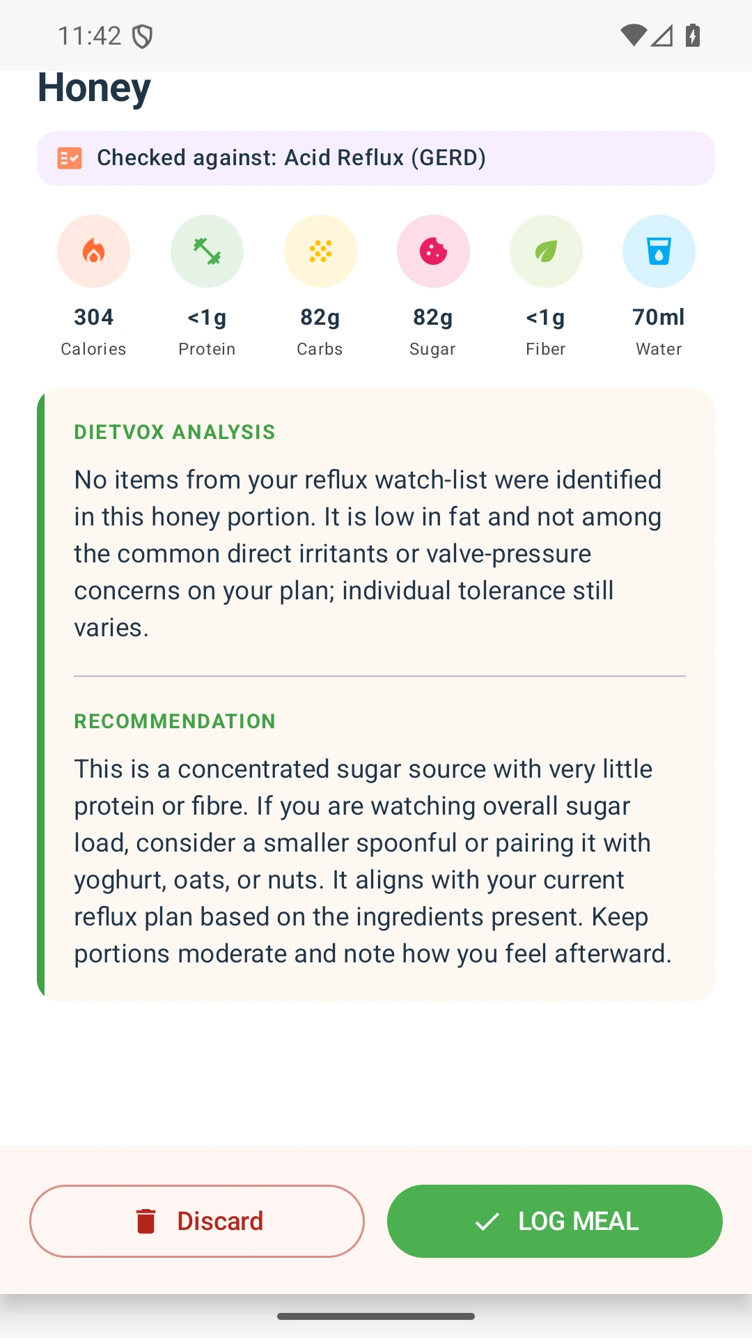 DietVox acid reflux analysis for Honey with the verified rating explanation