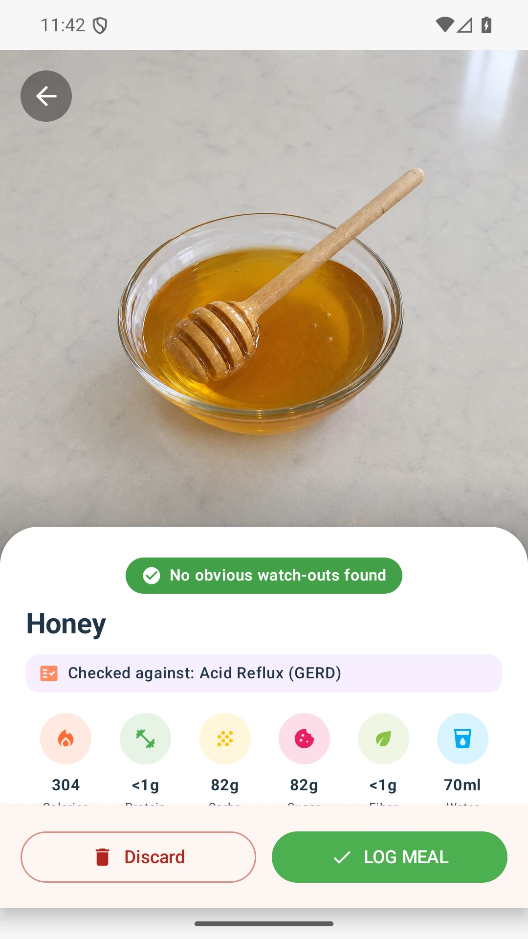 DietVox Honey scan showing a GREEN acid reflux rating
