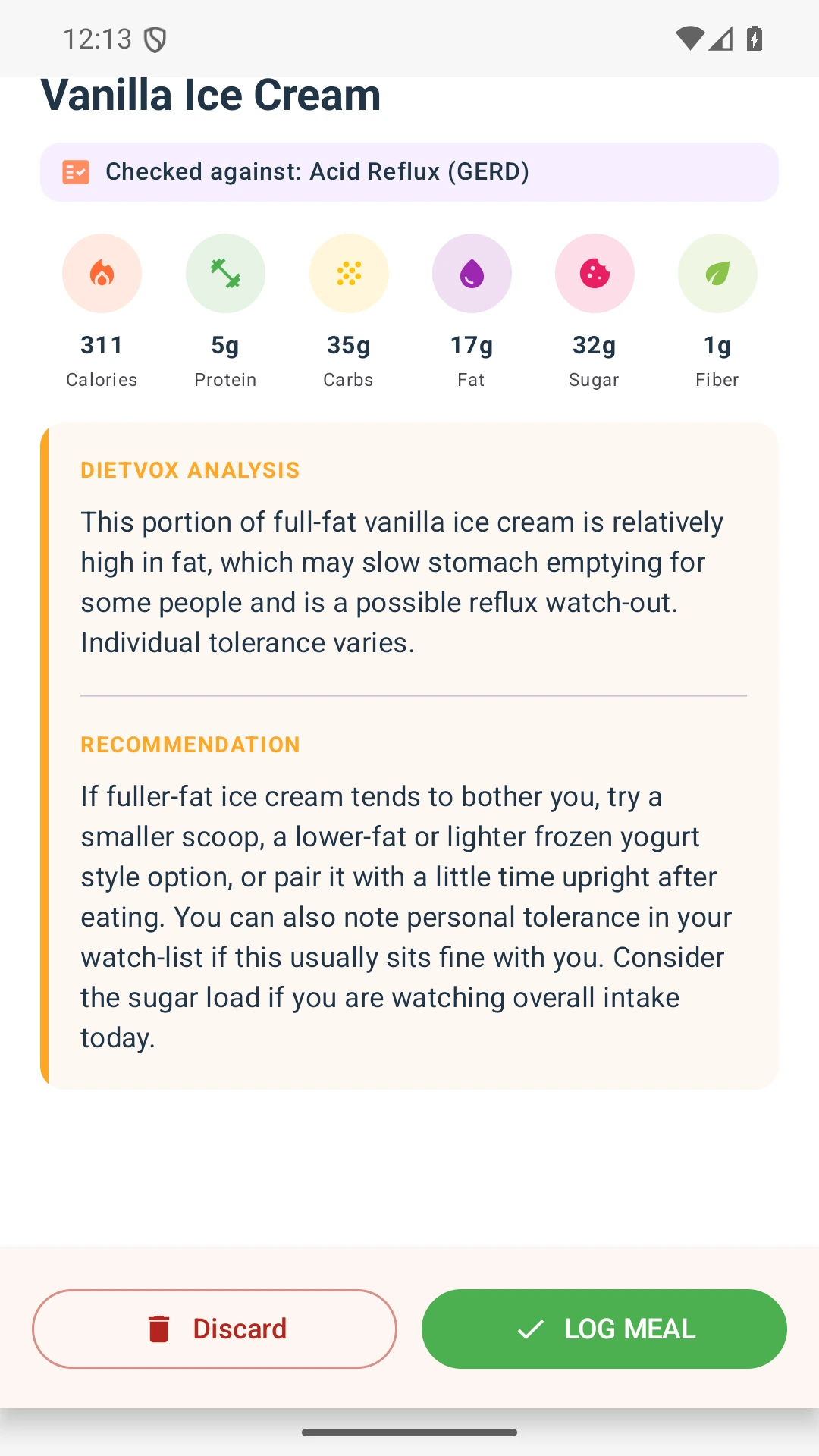 DietVox acid reflux analysis for Ice Cream with the verified rating explanation