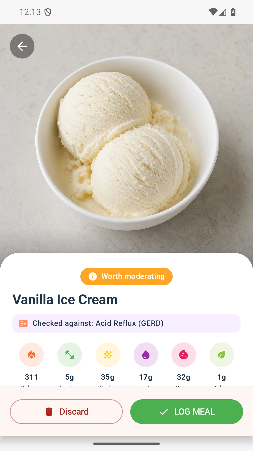 DietVox Ice Cream scan showing an AMBER acid reflux rating