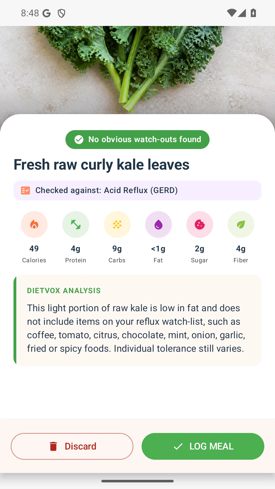 DietVox acid reflux analysis for Kale with the verified rating explanation