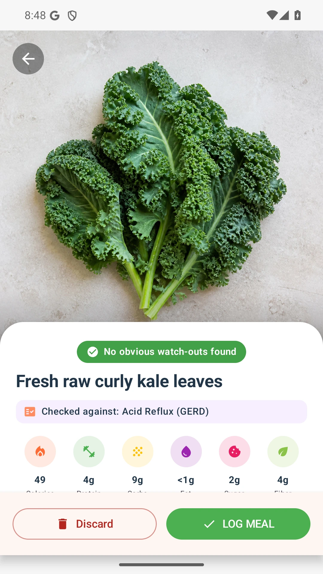 DietVox Kale scan showing a GREEN acid reflux rating
