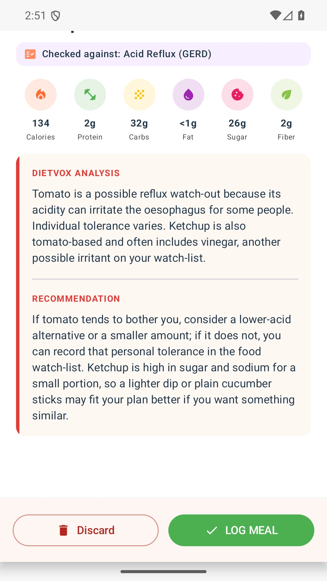 DietVox acid reflux analysis for Ketchup with the verified rating explanation