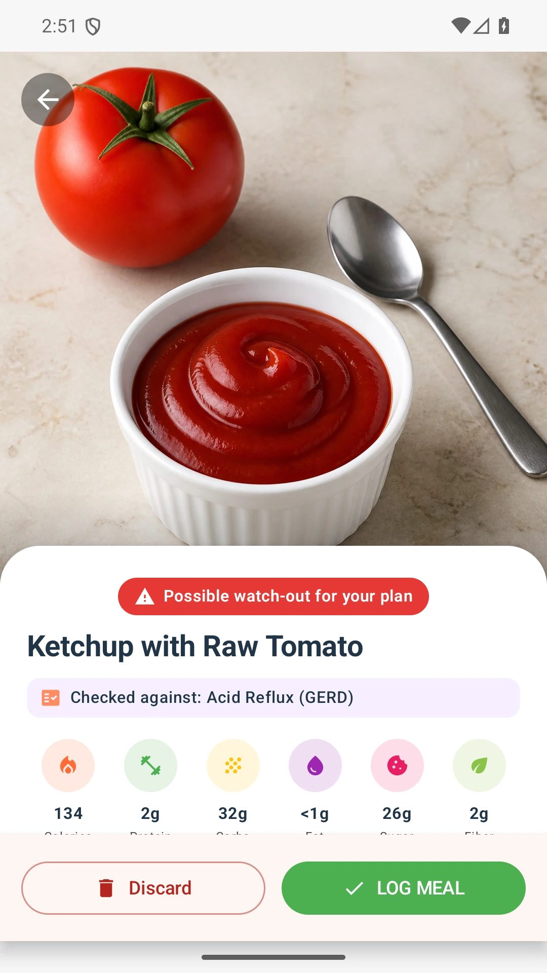 DietVox Ketchup scan showing a RED acid reflux rating