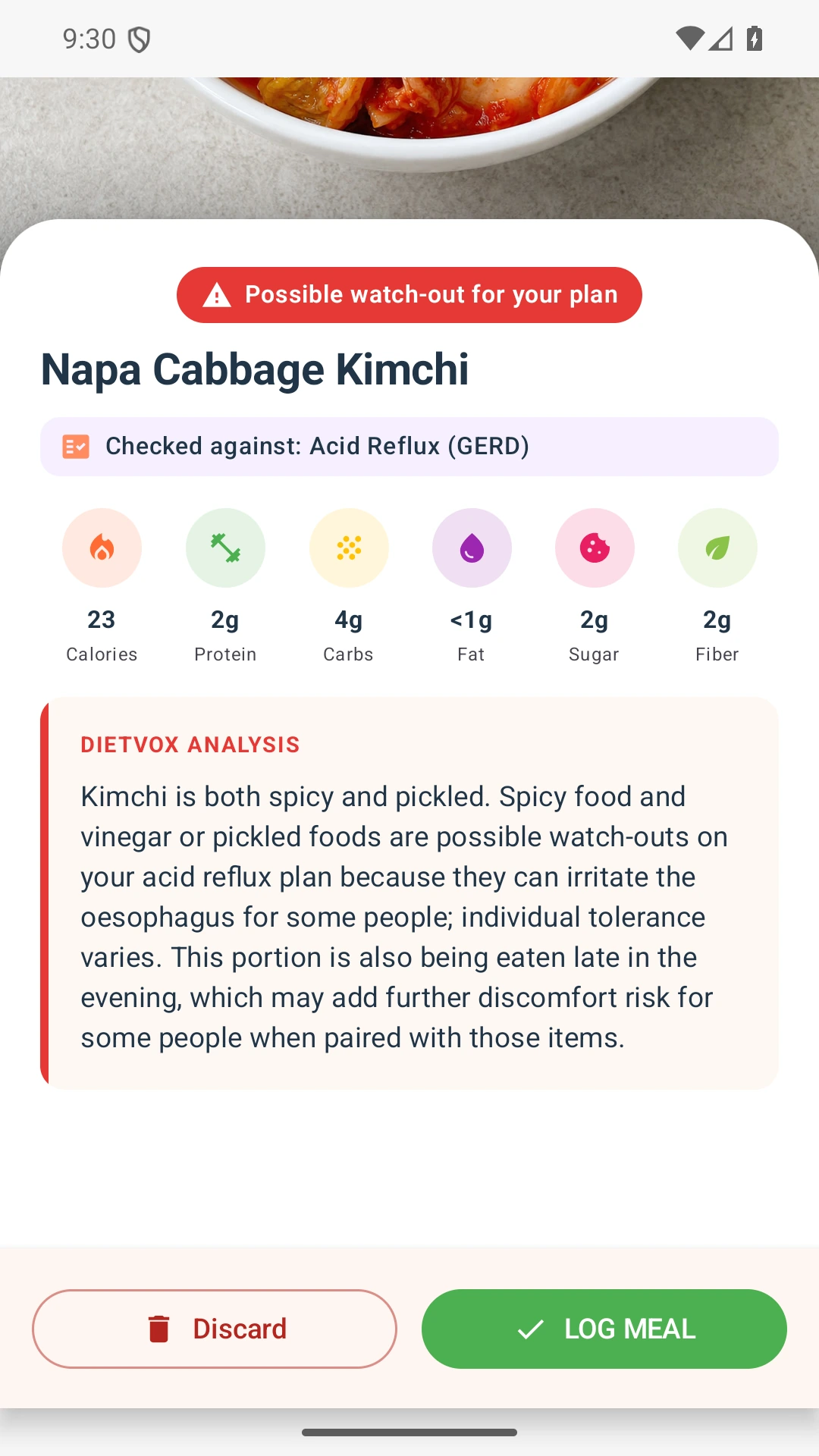 DietVox acid reflux analysis for Kimchi with the verified rating explanation
