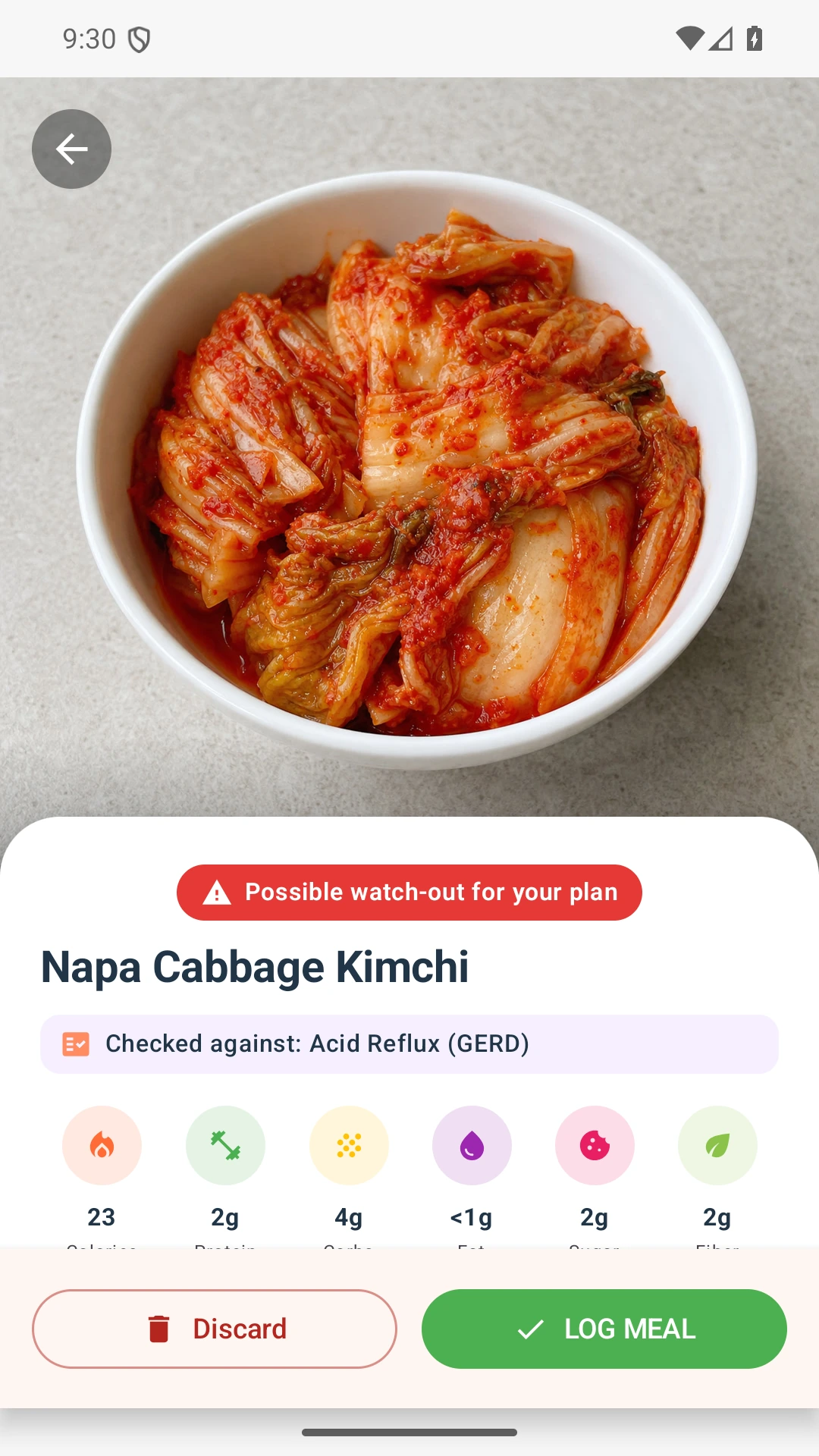 DietVox Kimchi scan showing a RED acid reflux rating