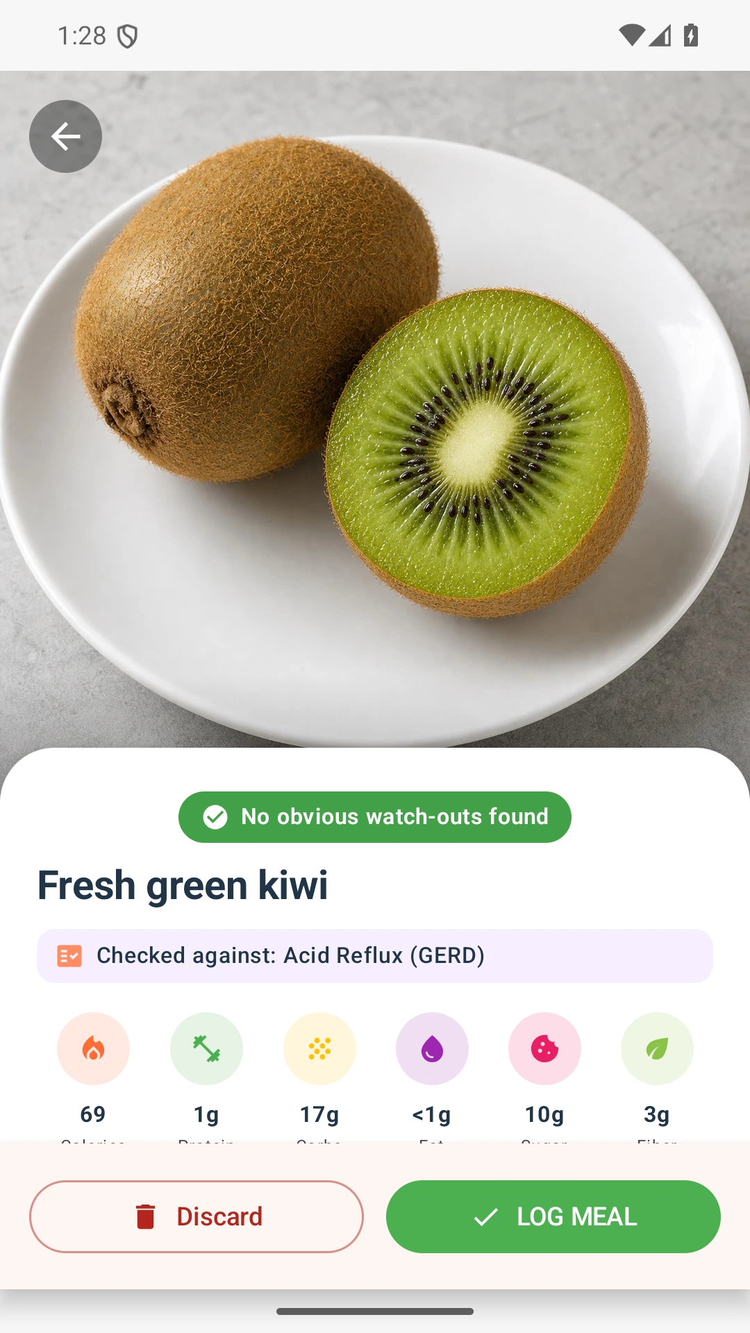 DietVox Kiwi scan showing a GREEN acid reflux rating