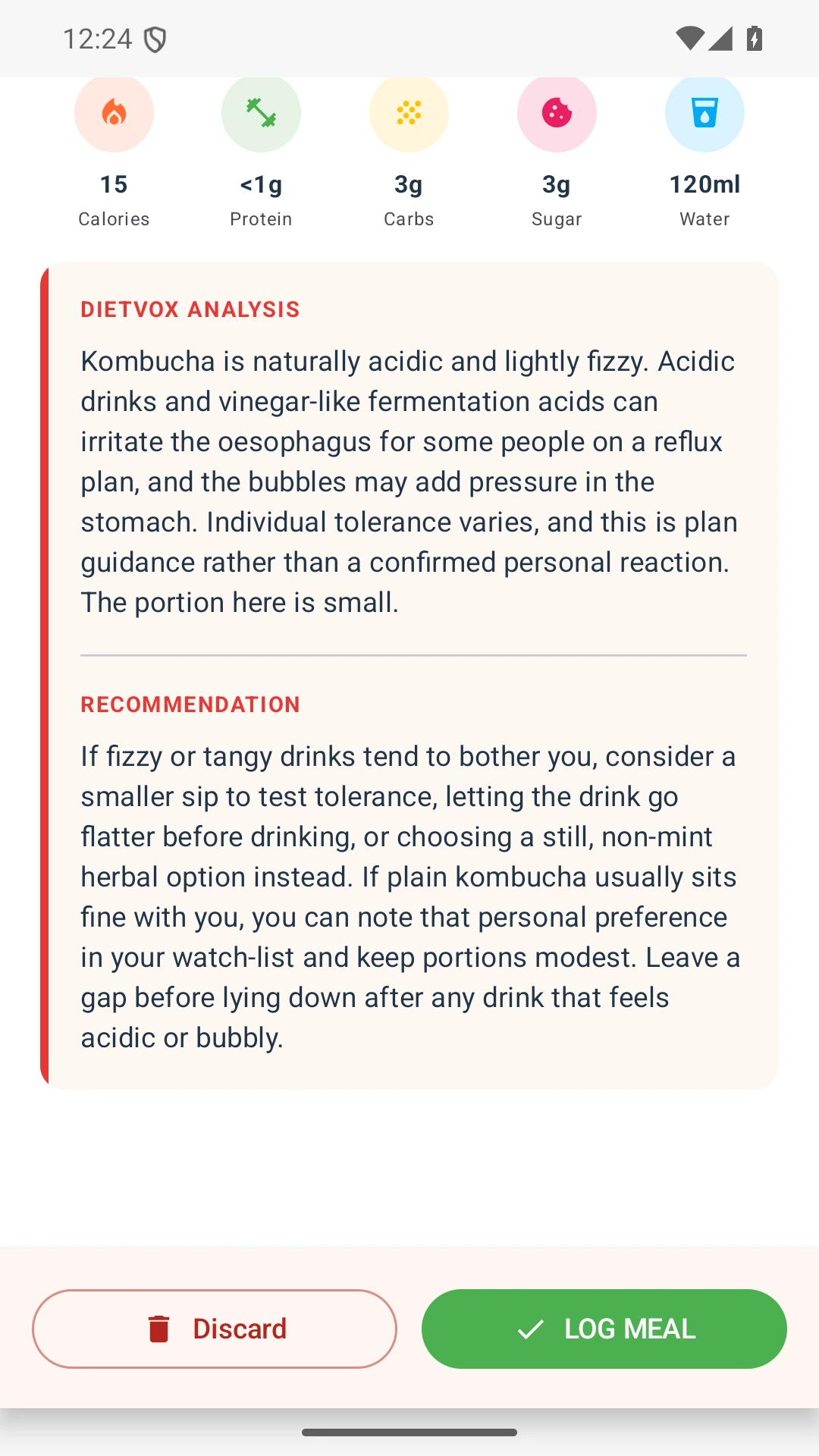 DietVox acid reflux analysis for Kombucha with the verified rating explanation