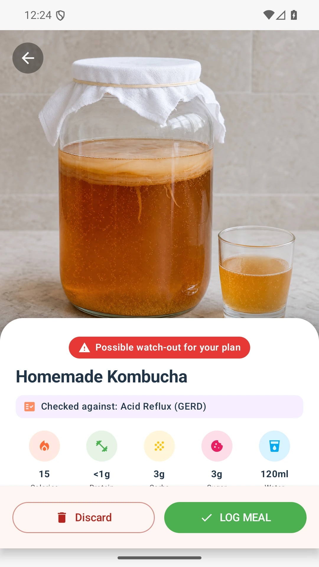 DietVox Kombucha scan showing a RED acid reflux rating