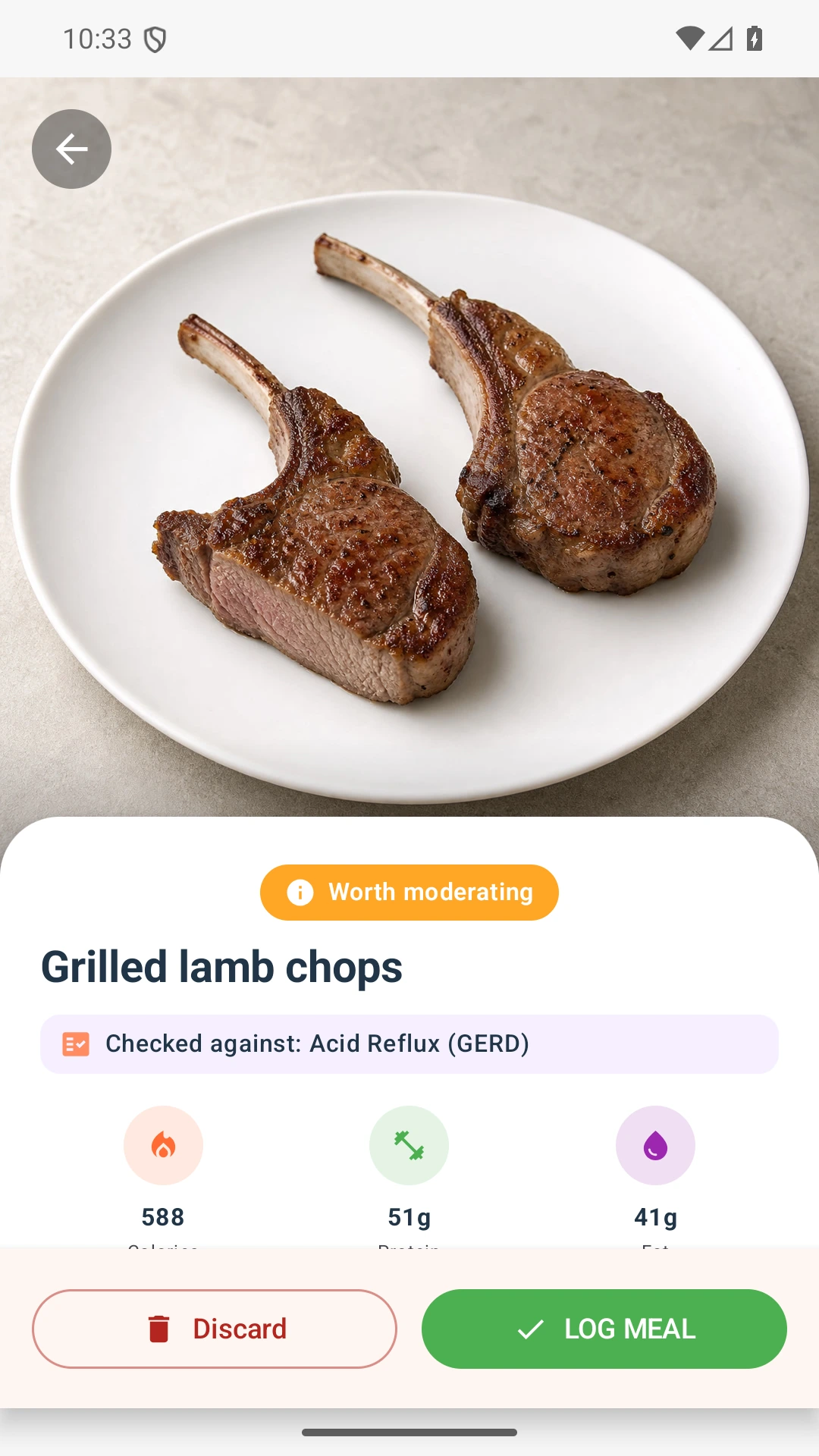 DietVox Lamb scan showing an AMBER acid reflux rating