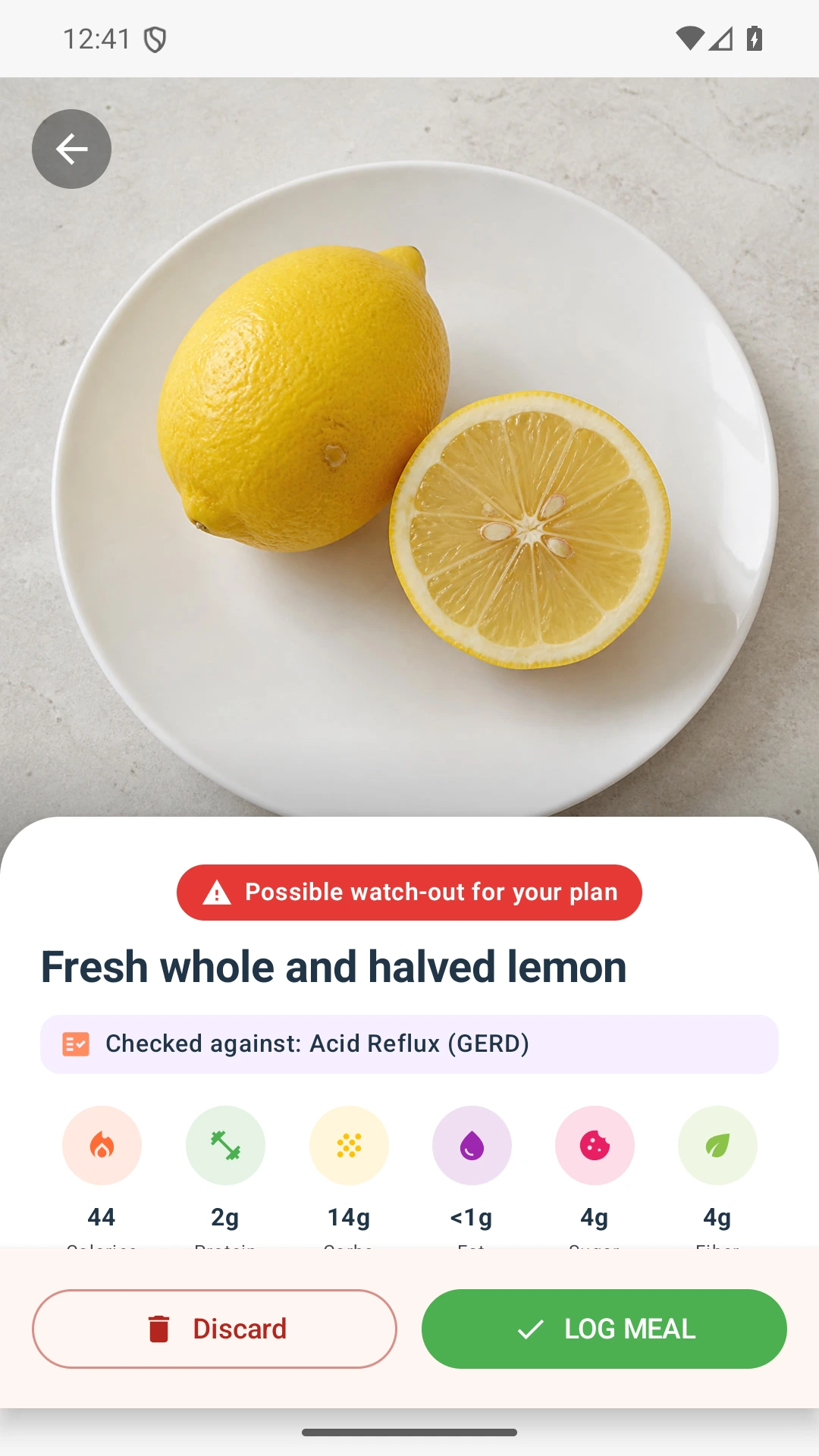 DietVox Lemon scan showing a RED acid reflux rating