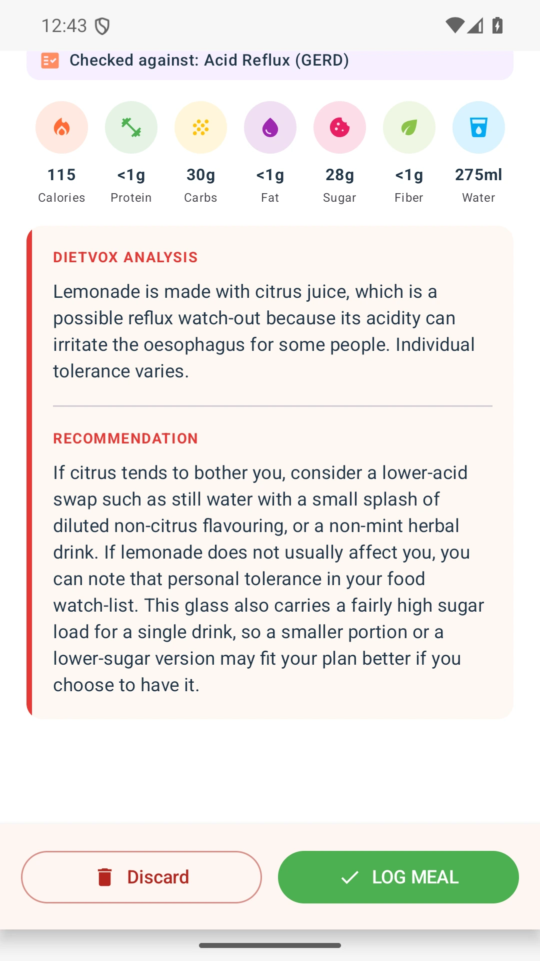 DietVox acid reflux analysis for Lemonade with the verified rating explanation