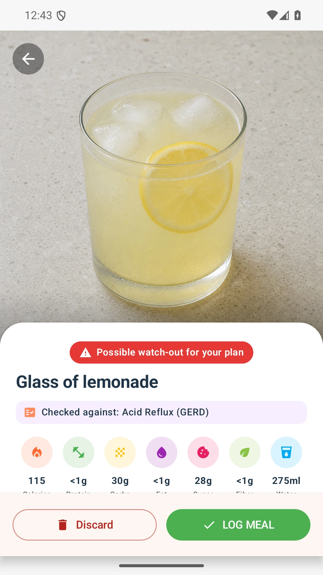 DietVox Lemonade scan showing a RED acid reflux rating