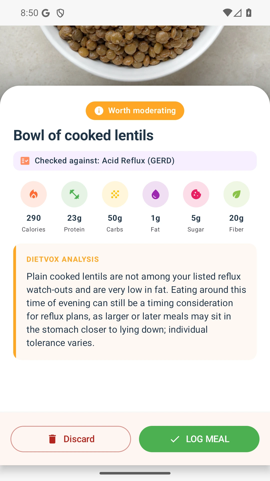 DietVox acid reflux analysis for Lentils with the verified rating explanation