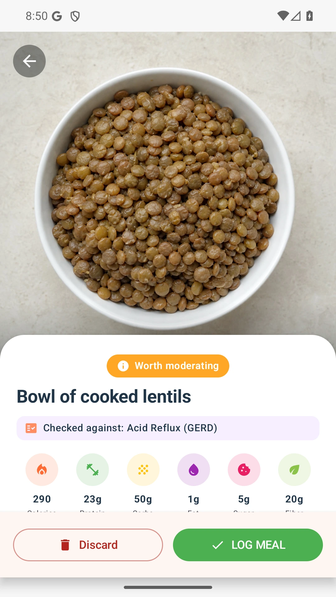 DietVox Lentils scan showing an AMBER acid reflux rating