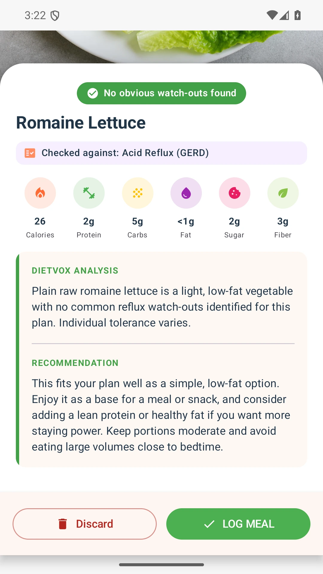 DietVox acid reflux analysis for Lettuce with the verified rating explanation
