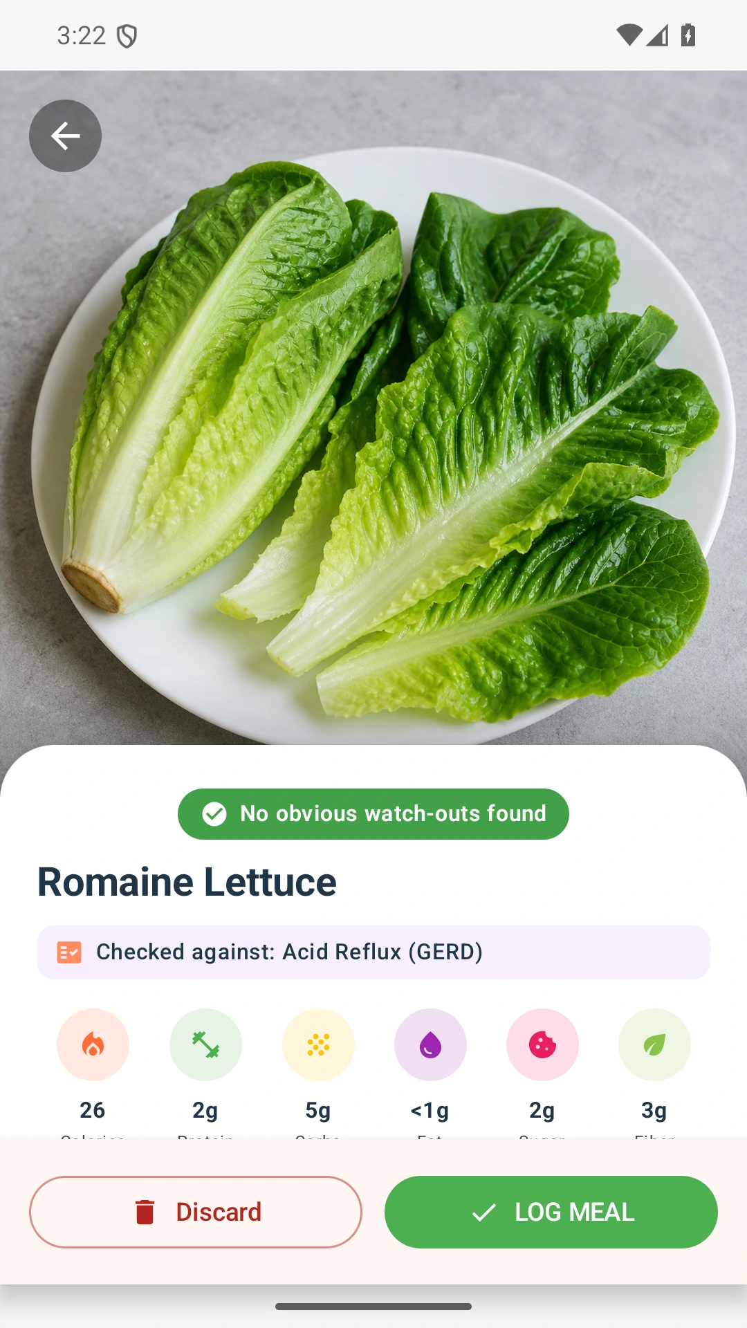 DietVox Lettuce scan showing a GREEN acid reflux rating