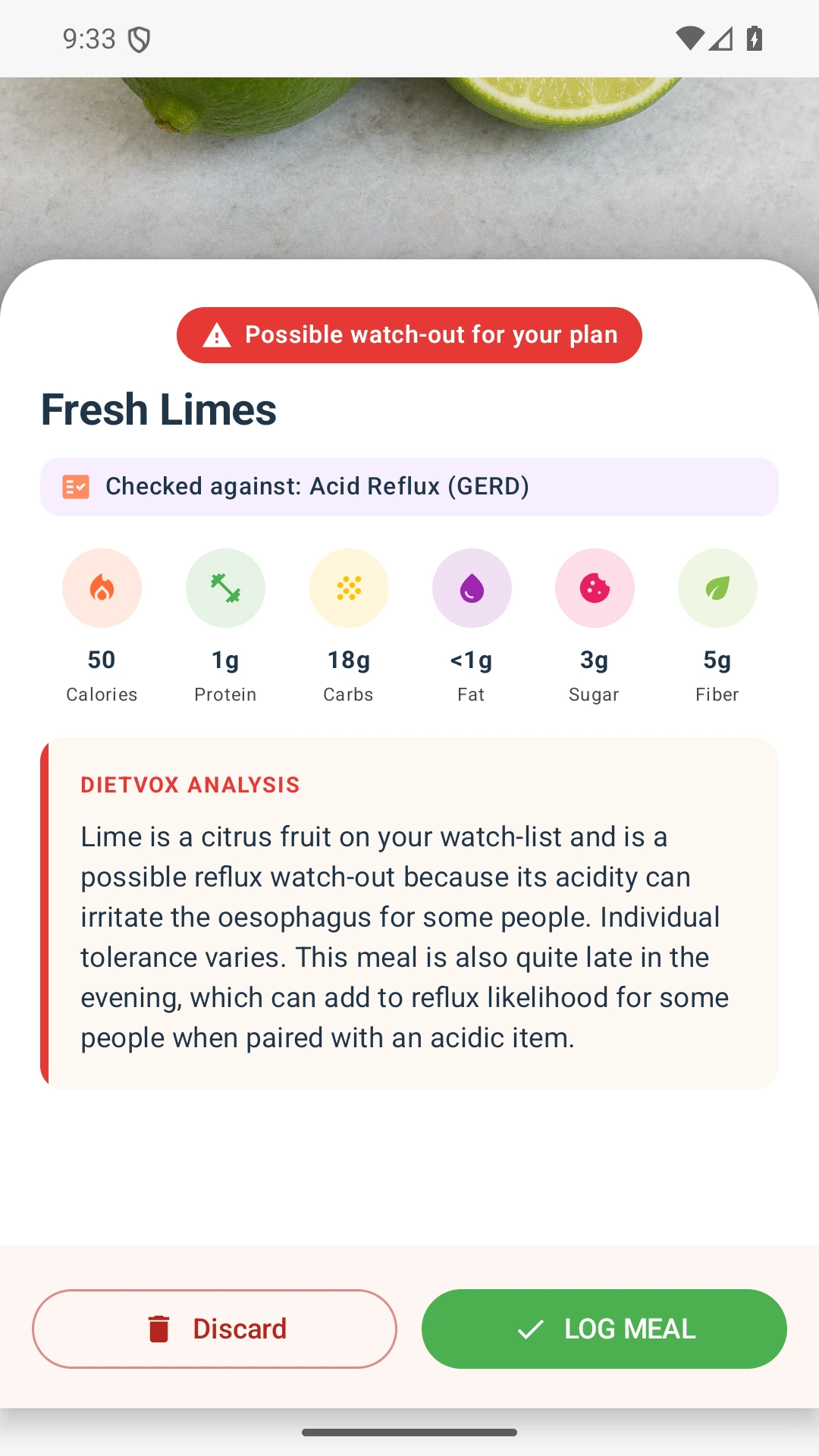 DietVox acid reflux analysis for Lime with the verified rating explanation
