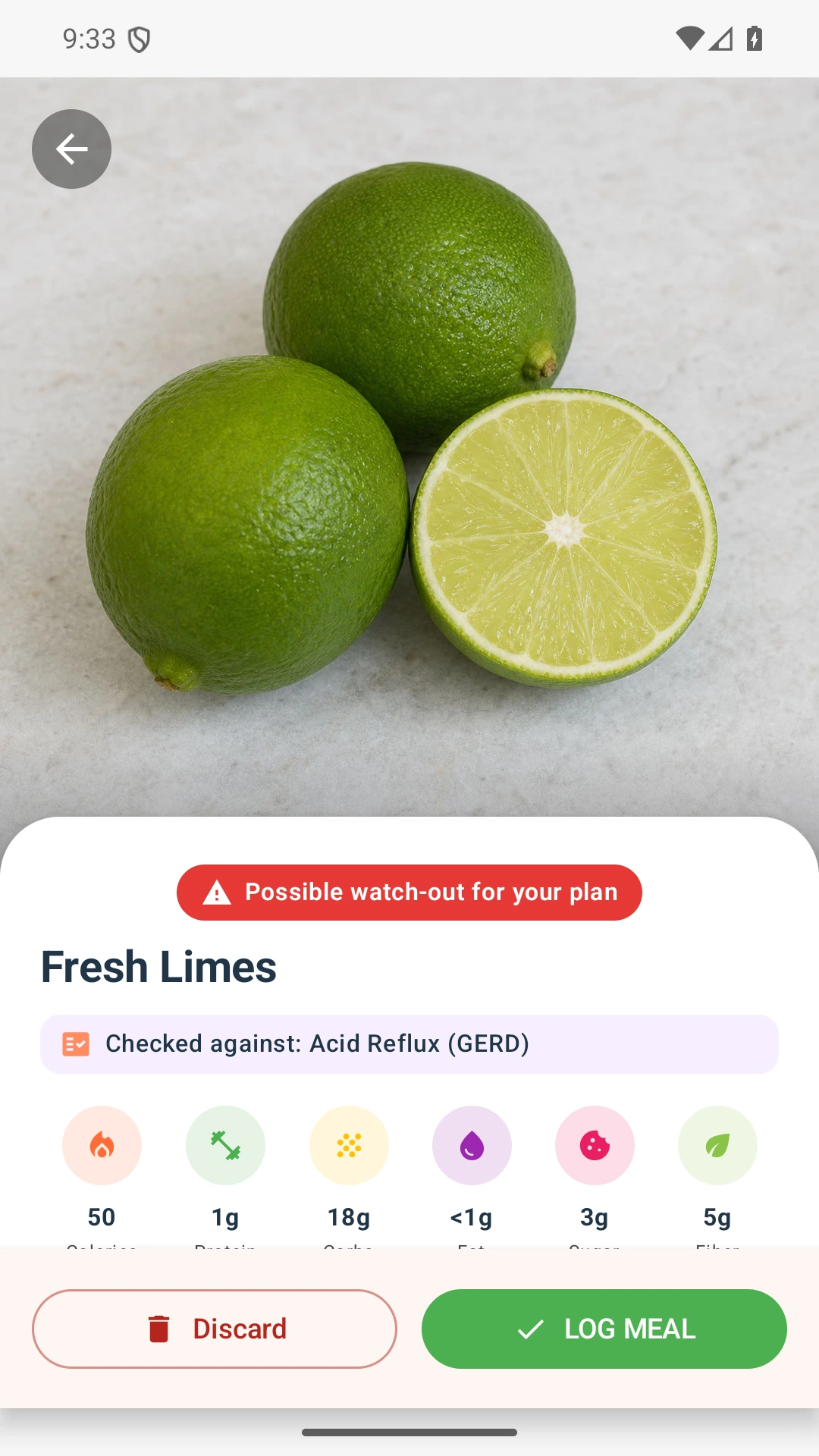 DietVox Lime scan showing a RED acid reflux rating