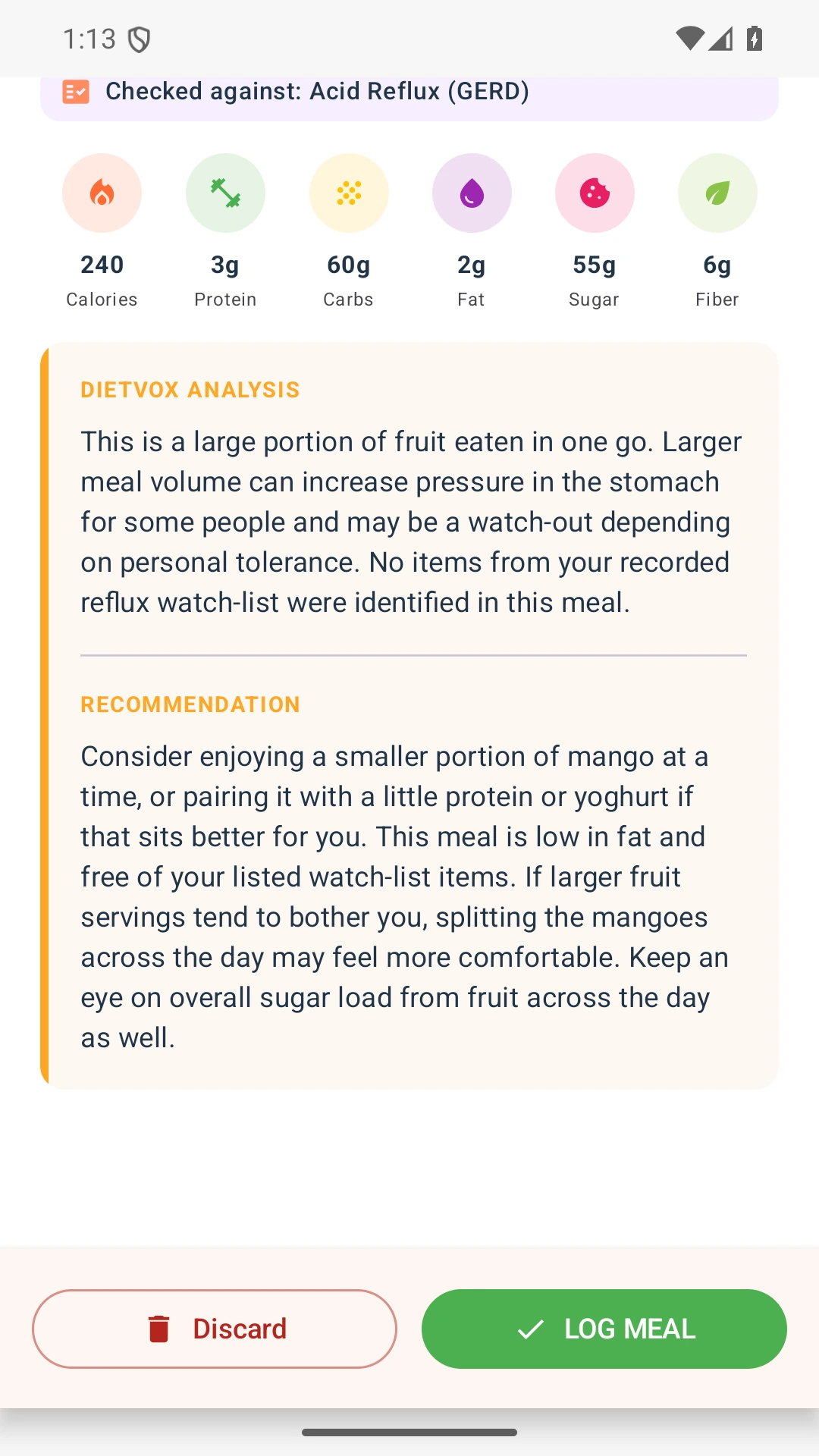 DietVox acid reflux analysis for Mango with the verified rating explanation