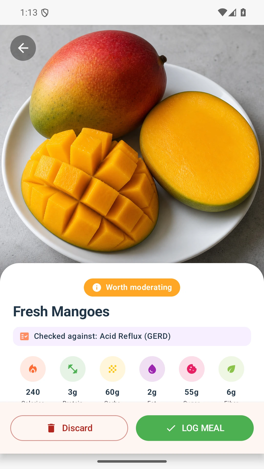 DietVox Mango scan showing an AMBER acid reflux rating