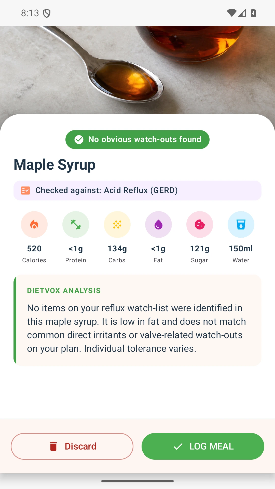 DietVox acid reflux analysis for Maple Syrup with the verified rating explanation