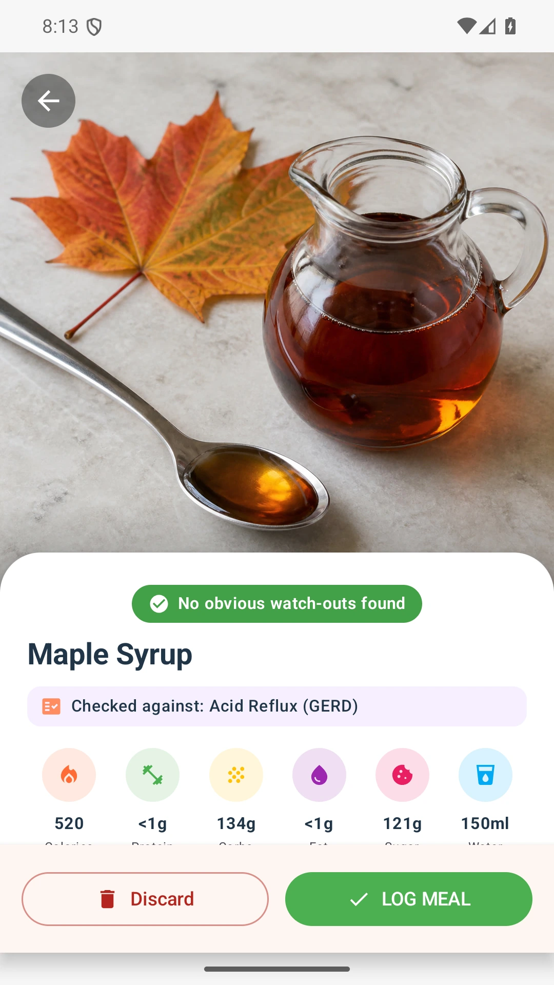 DietVox Maple Syrup scan showing a GREEN acid reflux rating