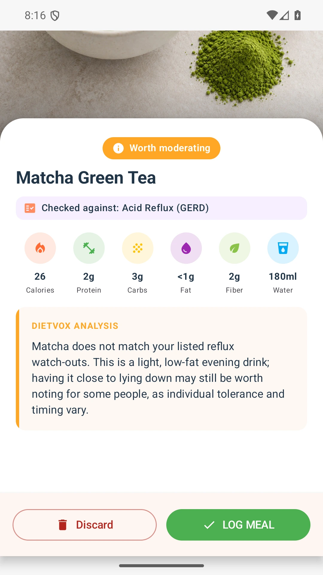 DietVox acid reflux analysis for Matcha with the verified rating explanation