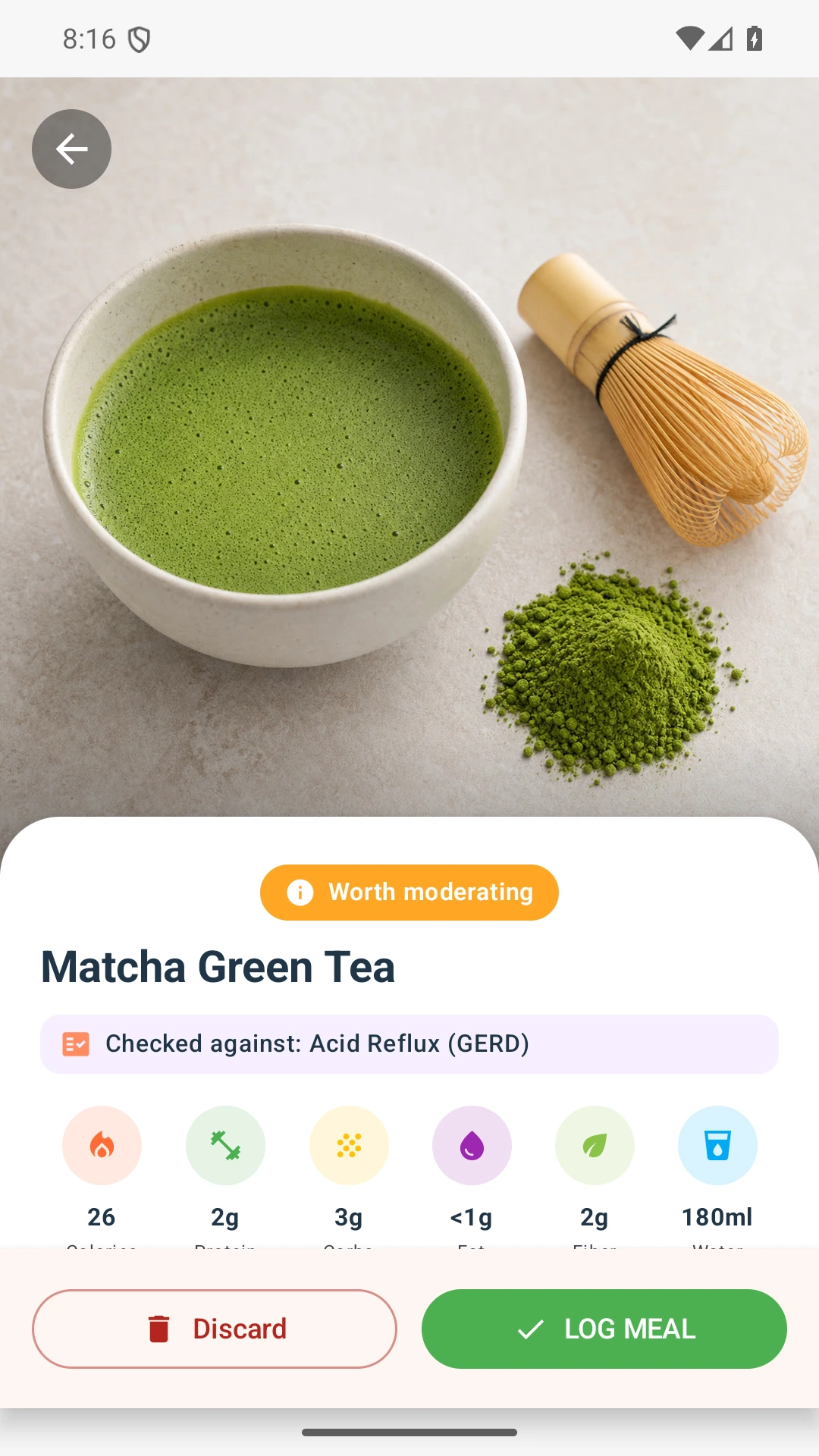 DietVox Matcha scan showing an AMBER acid reflux rating